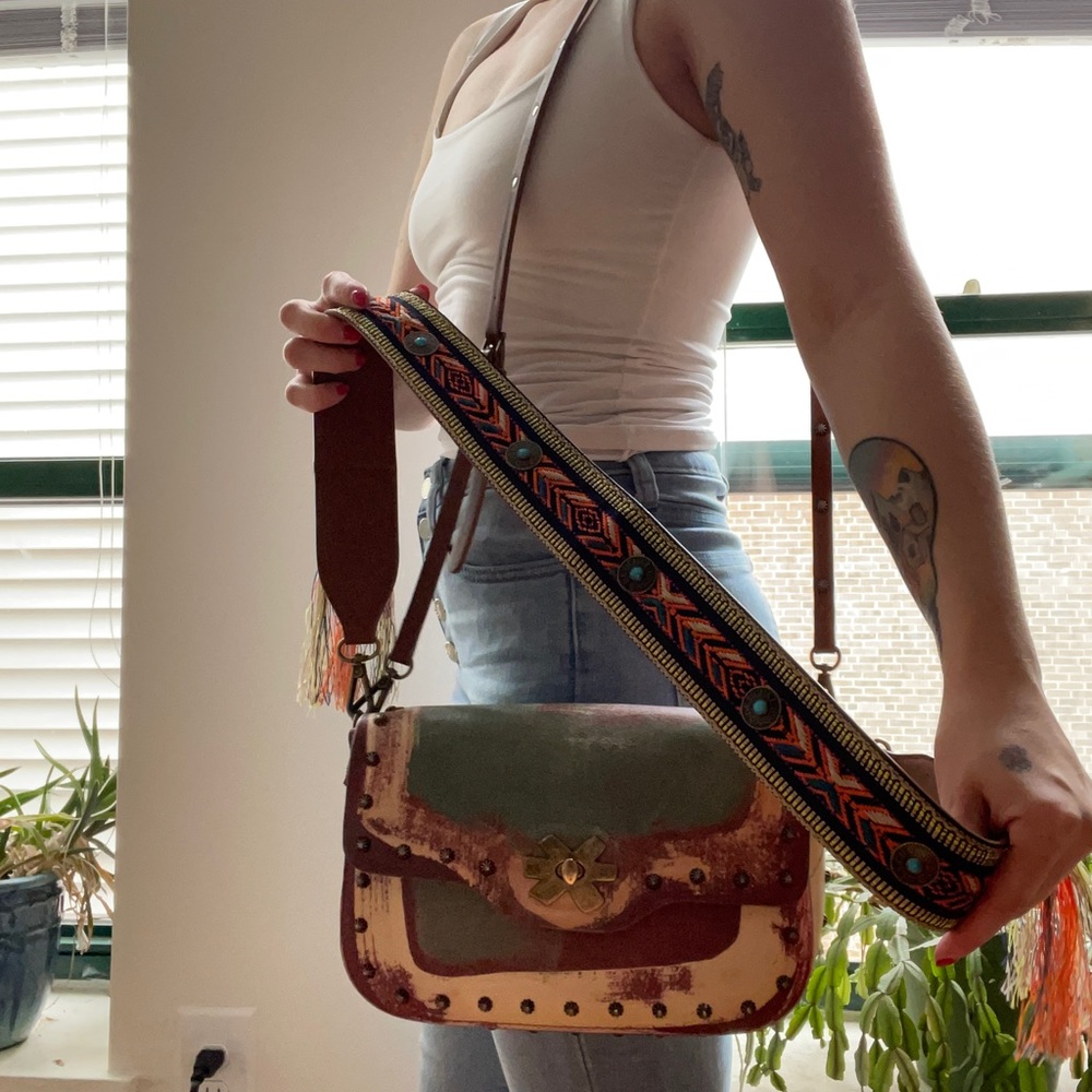 Desigual Embroidered Fringe Leather Purse Strap